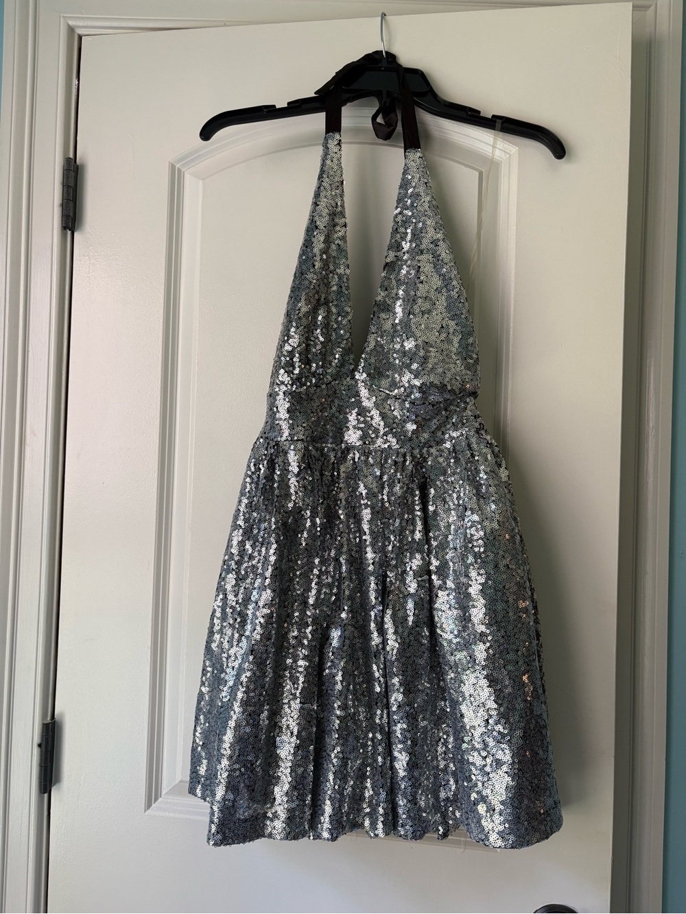 bailey blue Silver Sequin Backless Halter Mini Dress